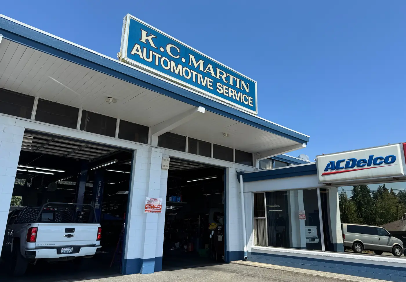 The KC Martin Automotive Service shop on 196th St SW in Lynnwood, with its service bays open